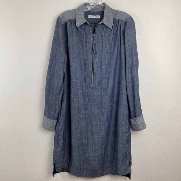 Trina Turk Darya Long Sleeve Chambray Dress Linen Blend-M - Picture 2 of 16